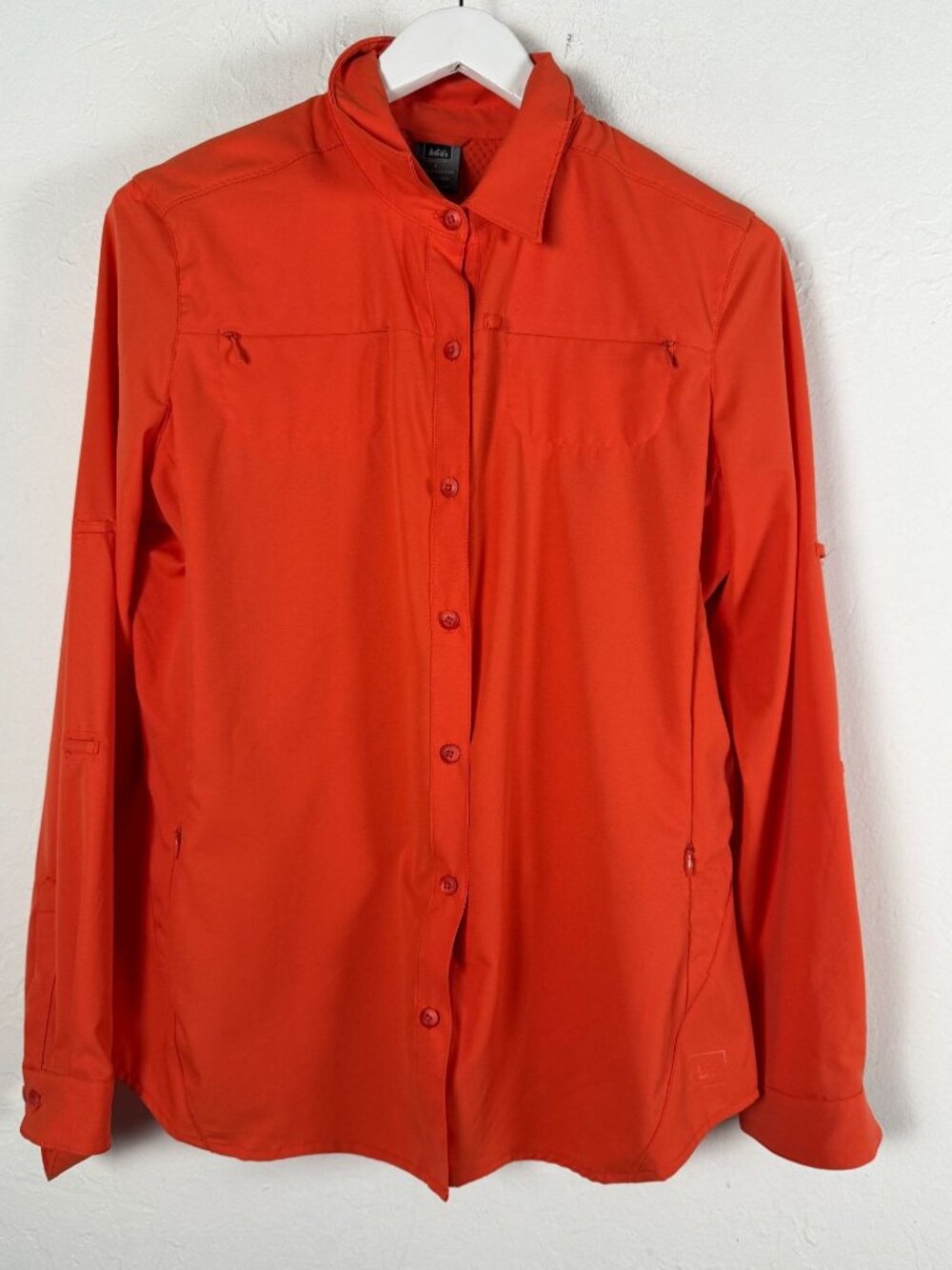 REI Sahara Shirt Women Large Long Sleeve Coral Red Hiking Camping Travel Outdoor
